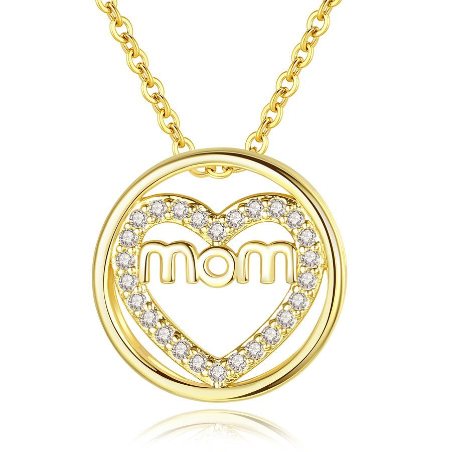 New MOM Round Necklace Mother's Day Jewelry, Shiny Zircon Heart-shaped Mother Pendant.