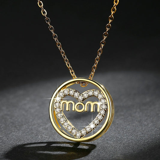 New MOM Round Necklace Mother's Day Jewelry, Shiny Zircon Heart-shaped Mother Pendant.