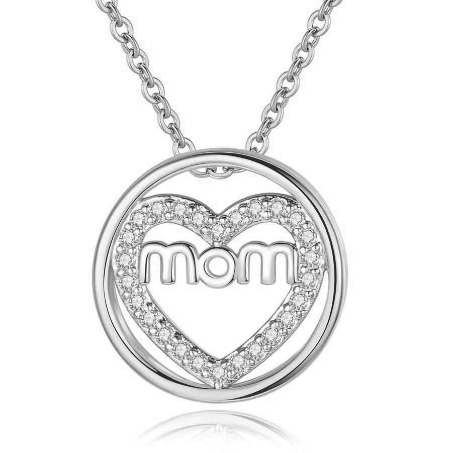 New MOM Round Necklace Mother's Day Jewelry, Shiny Zircon Heart-shaped Mother Pendant.