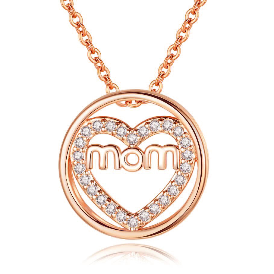 New MOM Round Necklace Mother's Day Jewelry, Shiny Zircon Heart-shaped Mother Pendant.