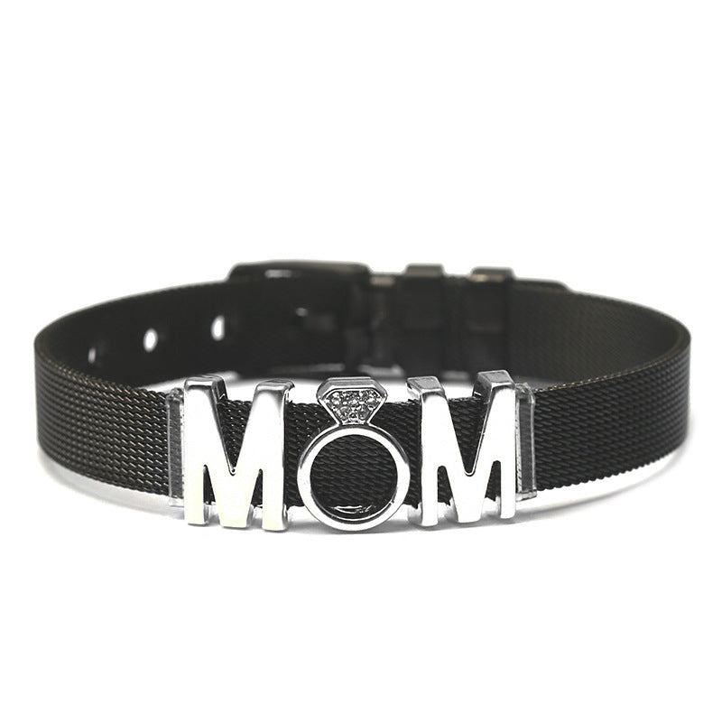 Stylish Simple Stainless Steel Mesh Strap DIY Alloy Font MOM Strap Buckle Holiday Love Gift Bracelet