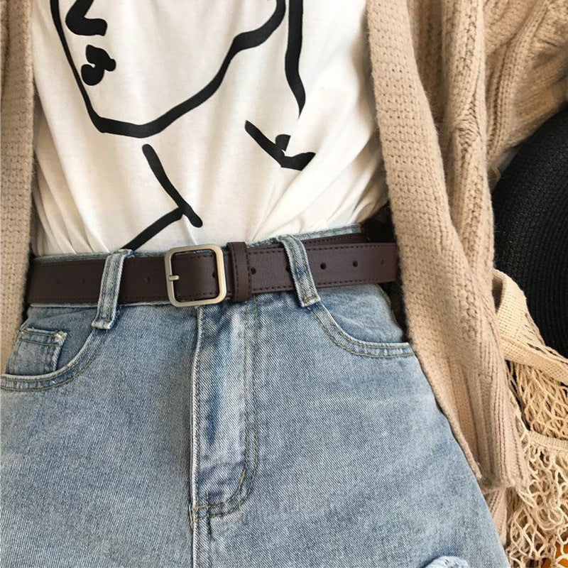 South Korea's New Belt Square Matte Silver Solid Button Head Black Belt Chic Style Wide Ladies Tide