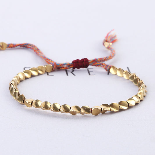 Hand Rope Winding Woven Bracelet Women's Fashion High-end Gift Can Be Pulled Special-shaped Copper Bead Fringed Woven Bracelet