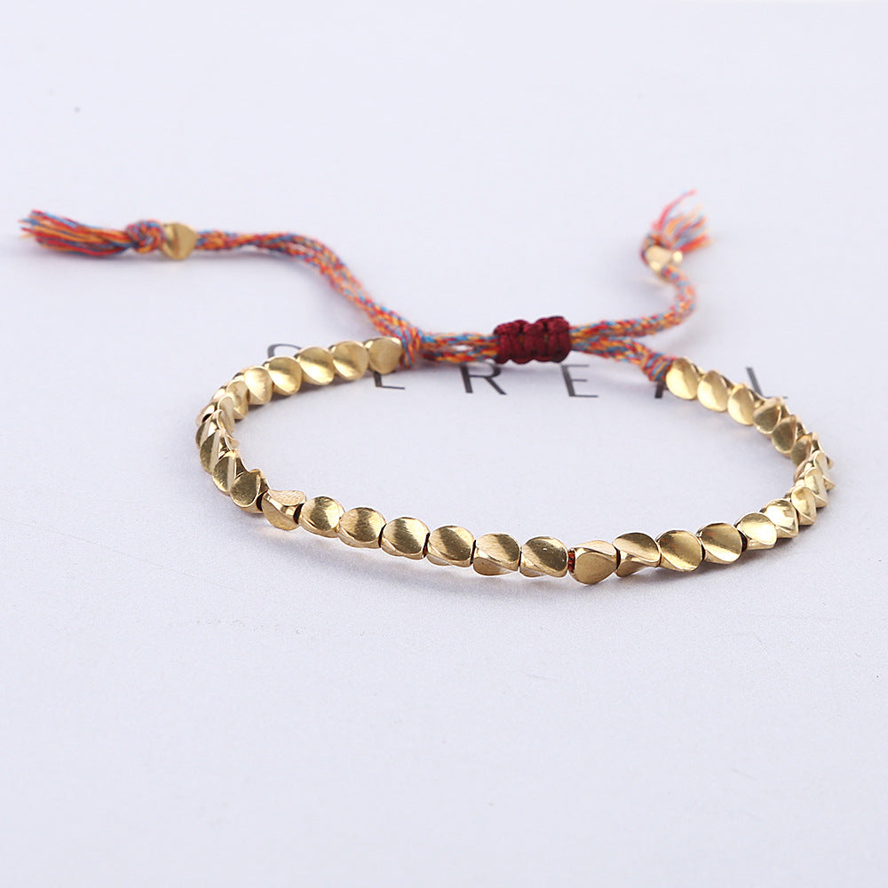 Hand Rope Winding Woven Bracelet Women's Fashion High-end Gift Can Be Pulled Special-shaped Copper Bead Fringed Woven Bracelet