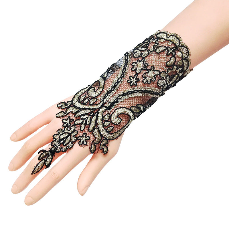 Wedding Dress, Wedding Gloves, European and American Brides, Wedding Hook Fingers, Short Lace Embroidered Straps, Gold and Black Clothing, Hand Sleeves