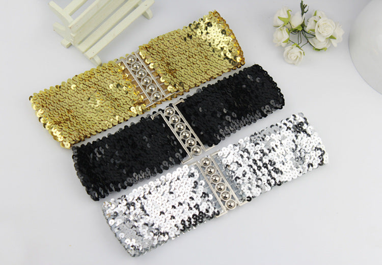 European and American Style Sequined Elastic Belt Women's Pair Buckle Belt Mirror Sequined Belt Fashion Belt
