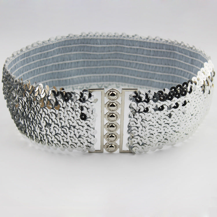 European and American Style Sequined Elastic Belt Women's Pair Buckle Belt Mirror Sequined Belt Fashion Belt