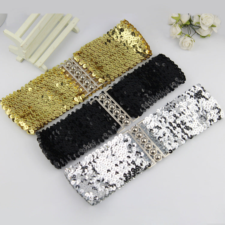 European and American Style Sequined Elastic Belt Women's Pair Buckle Belt Mirror Sequined Belt Fashion Belt