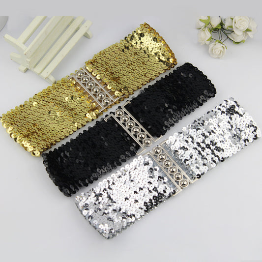 European and American Style Sequined Elastic Belt Women's Pair Buckle Belt Mirror Sequined Belt Fashion Belt