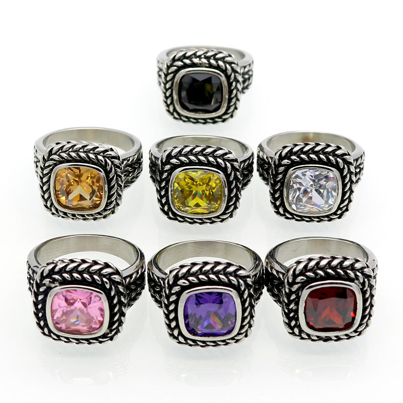 Hot-selling Brand Titanium Steel Ring, Stainless Steel Casting Retro Ring, Square Zircon Colored Diamond Men's and Women's Rings.