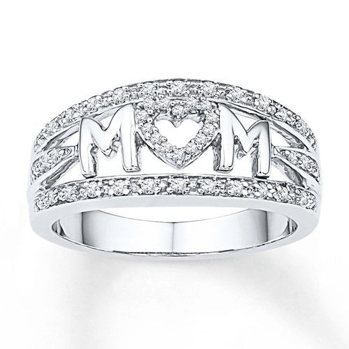 Hot Mother's Day Gifts in Europe and America MOM Mom Ring, 18k White Gold Plated Diamond Heart Ring, Women's Jewelry