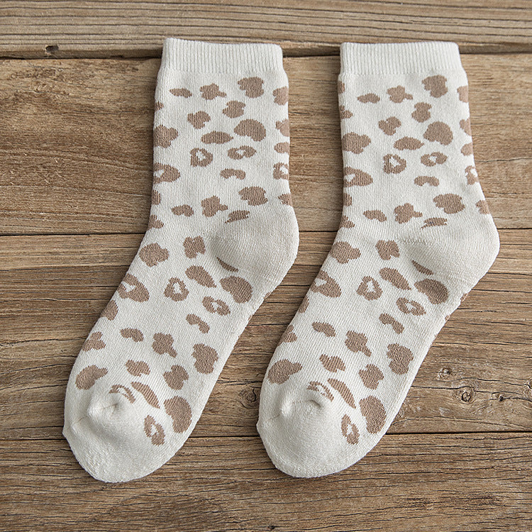 Socks Women's Korean Version Trendy Socks Spotted Leopard Print Women's Terry Socks Cotton Medium Tube Hair Pulling Thickened Warm Women's Socks Wholesale
