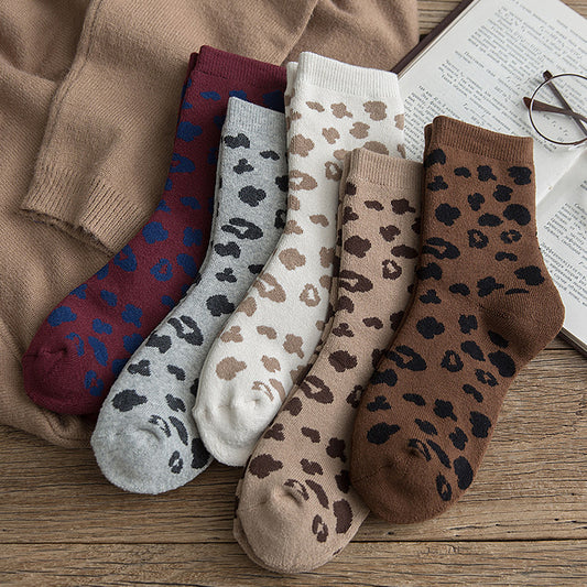 Socks Women's Korean Version Trendy Socks Spotted Leopard Print Women's Terry Socks Cotton Medium Tube Hair Pulling Thickened Warm Women's Socks Wholesale