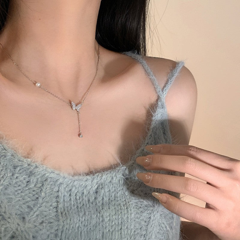 925 Silver Luck Pearl Necklace Female Butterfly Cold Light Luxury Flash Diamond Ins Wind Niche Collarbone Chain