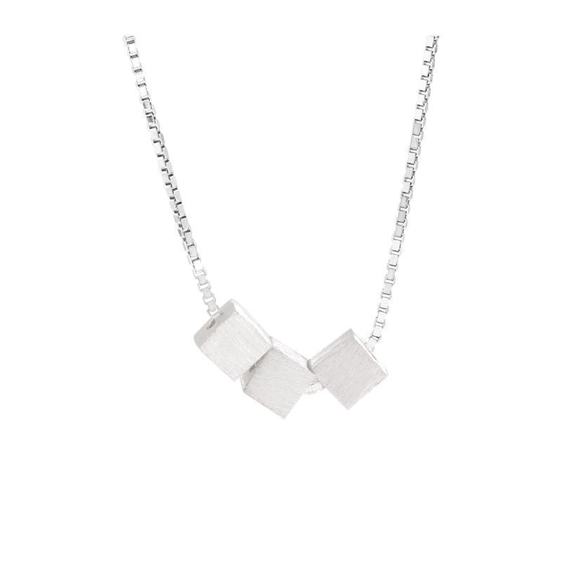 Plated S925 Silver Brushed Square Necklace Simple Personality Small Fresh Design Geometric Pendant Student Collarbone Chain Korean Version