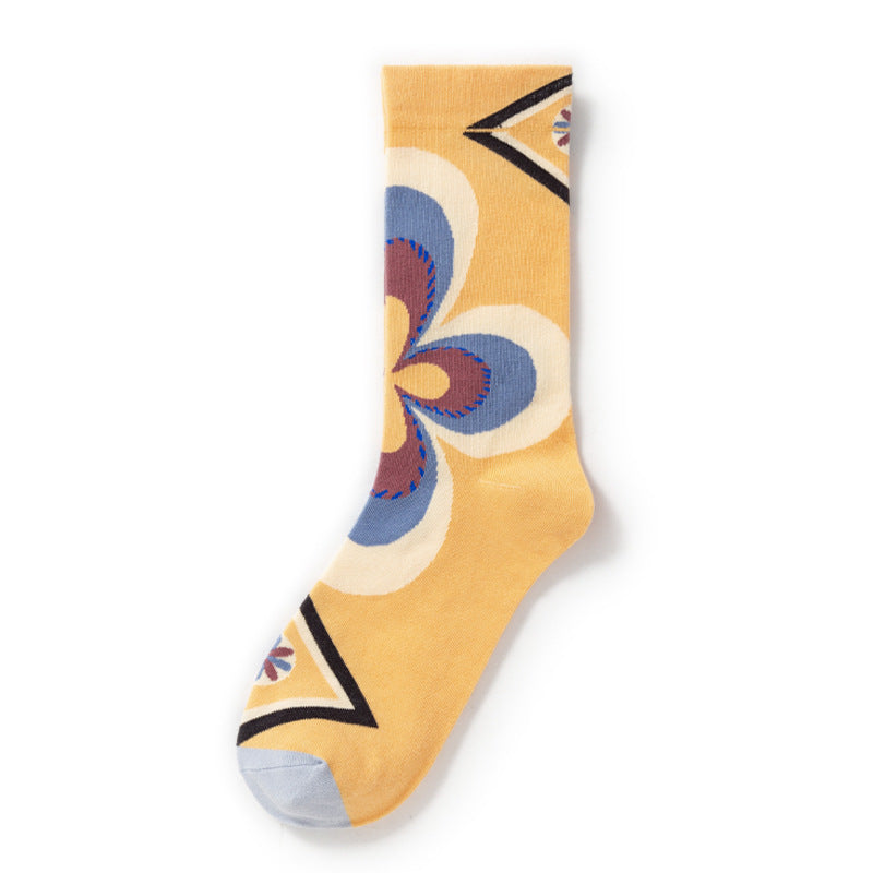 Oil Painting Socks Women's French Retro Ins Tide Autumn and Winter Abstract Tall Tube Creative Combed Cotton Women's Medium Tube Socks