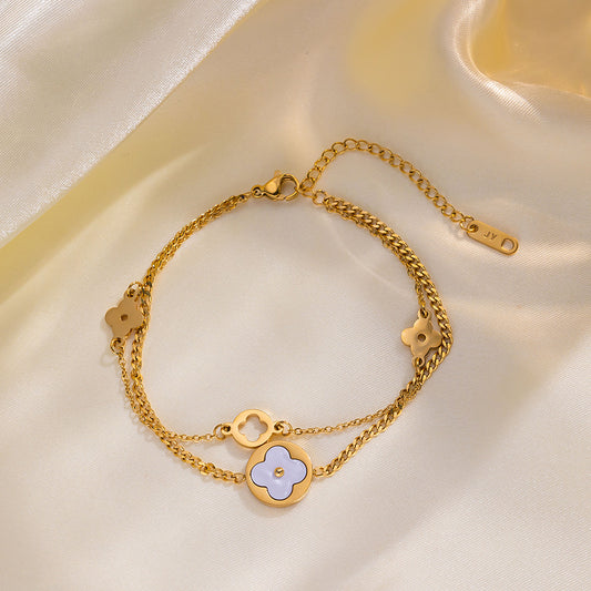 2025 New Titanium Steel Four-leaf Clover Bracelet Internet Celebrity Girlfriend White Fritillary Hollowed Out Hot Sale Factory Wholesale