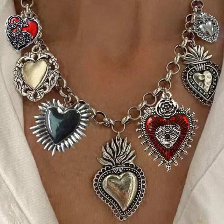 Hot-selling Retro Religion Multiple Sacred Heart Pendant Necklace Silver Chain Personalized High-end Women's Jewelry