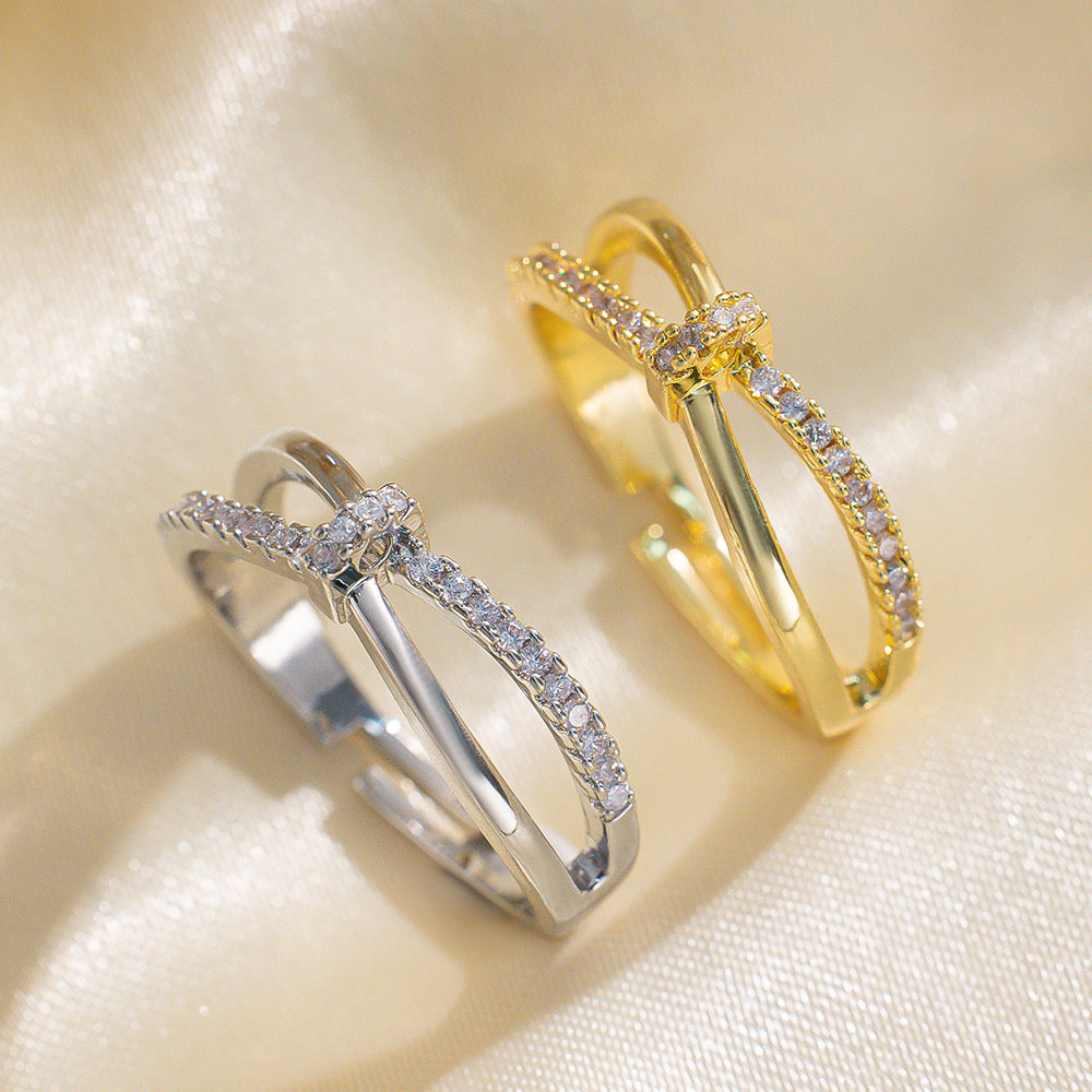 New Micro-inlaid Diamond Cross-kink Ring Women's Light Luxury European and American Style Personalized Opening Niche Design Ring