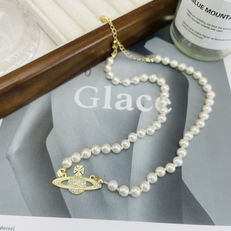 Korean Version of Fashion Niche Design Saturn Pearl Necklace Light Luxury Collarbone Chain Women's Summer High-end Temperament Neck Chain Accessories
