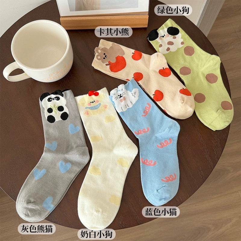 Funny Cartoon Puppy Socks Women's Autumn and Winter Blue Medium Tube Socks Pure Cotton Japanese Cute Student Spring and Autumn Stockings