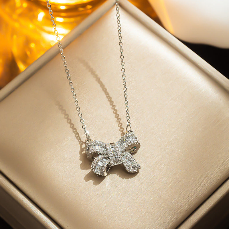 Bow Necklace Female, Titanium Steel Crystal New Female Light Luxury Niche Ins Cold Wind Collarbone Chain Does Not Fade