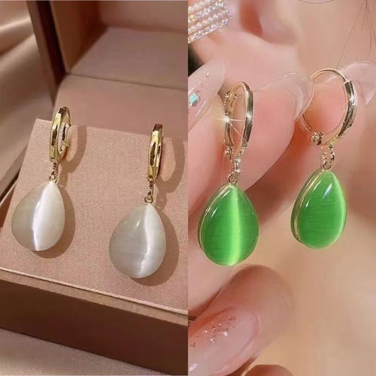 Green Water Drop Double-sided Opal Earrings Temperament Simple Ear Buckle Niche Design Light Luxury Earrings
