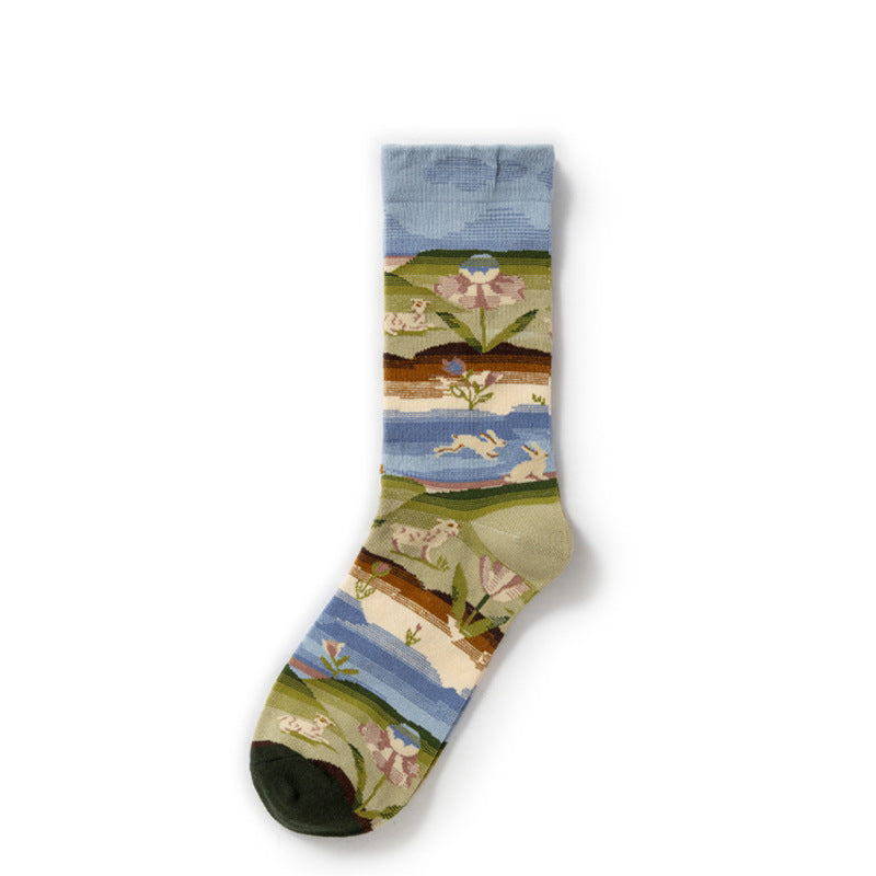 Oil Painting Socks Women's French Retro Ins Tide Autumn and Winter Abstract Tall Tube Creative Combed Cotton Women's Medium Tube Socks