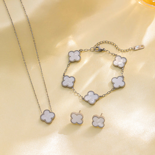 Four-leaf Clover Necklace 13MM Bracelet Stud Earrings Three-piece Set Versatile Lucky Four-leaf Clover Five-flower Bracelet Collarbone Chain Earrings