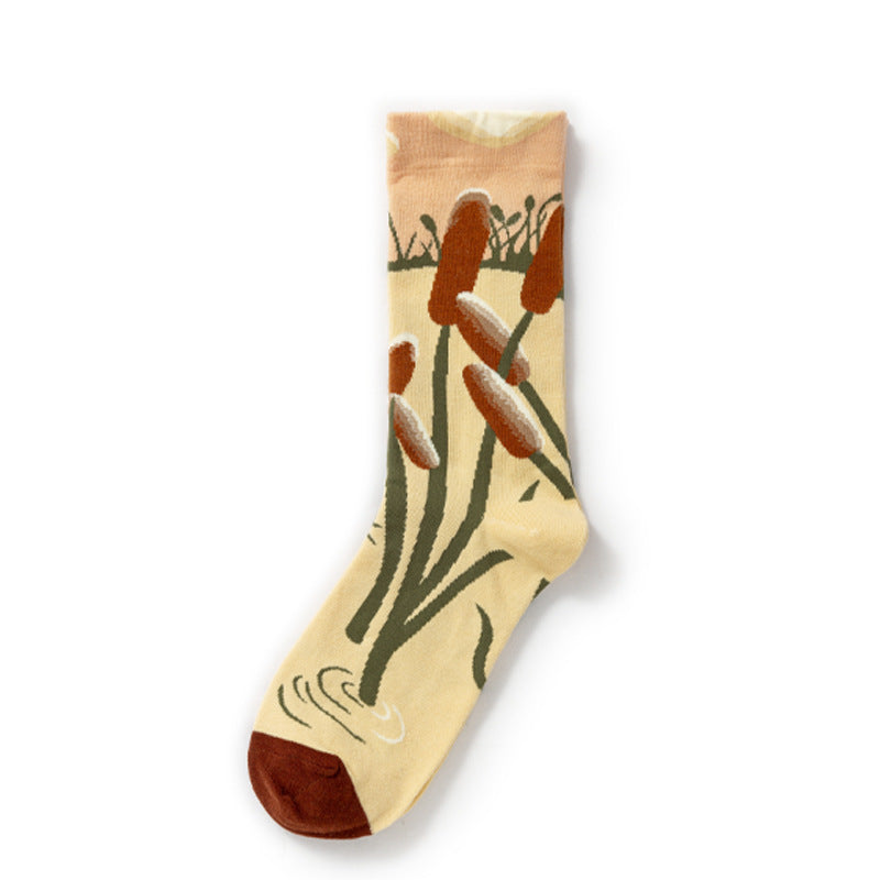 Oil Painting Socks Women's French Retro Ins Tide Autumn and Winter Abstract Tall Tube Creative Combed Cotton Women's Medium Tube Socks