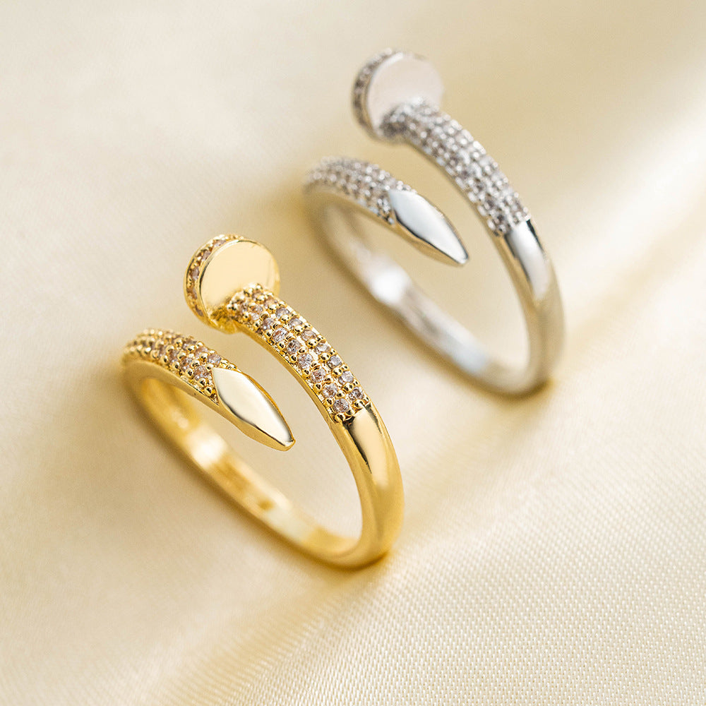 Fashion Light Luxury 18k Electroplated Nail-shaped Live Ring Women's Niche High-end Sense Opening Adjustable Ring Hot-selling