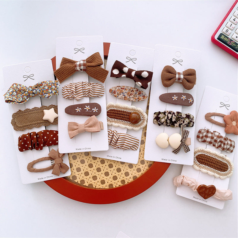 4 Milk Coffee Color Versatile Fabric Children's Break Clip Bow Girl Heart Hairpin Edge Clip Korean Sweet Hairpin