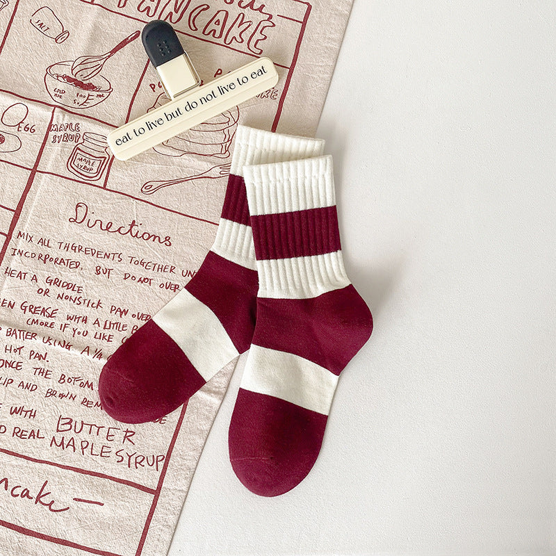 Ankola Red Socks Women's Medium Tube Socks Spring and Autumn Embroidery Bow Cotton Socks Versatile Striped Stockings Striped Women's Socks