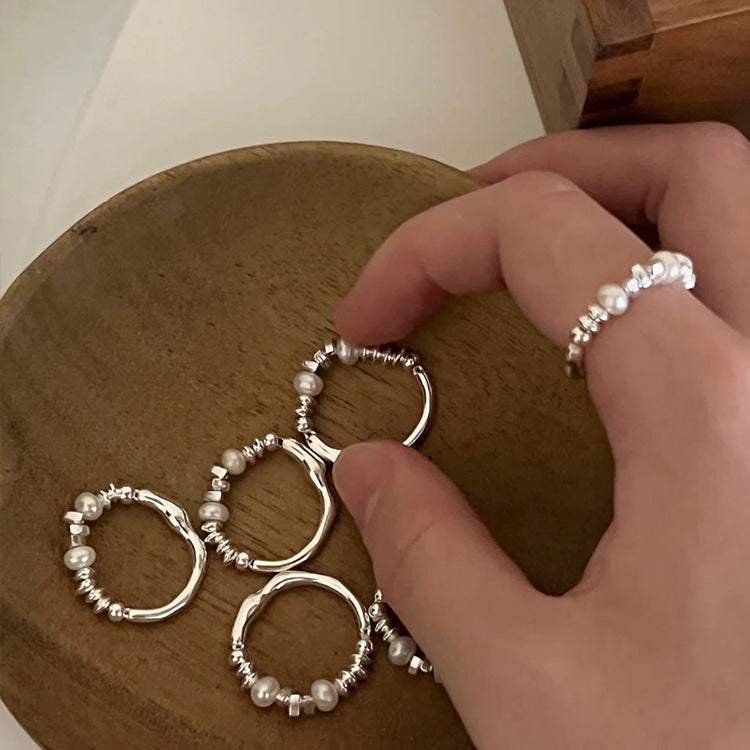 Irregular Metal Broken Silver Pearl Ring Female Niche Personality Simple Versatile Temperament Fashion Ring Ring
