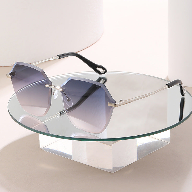 Internet Celebrity Explosion Polygonal Frameless Trimmed Sunglasses Women, Fashion Trend Large Frame Retro UV Protection Sunglasses
