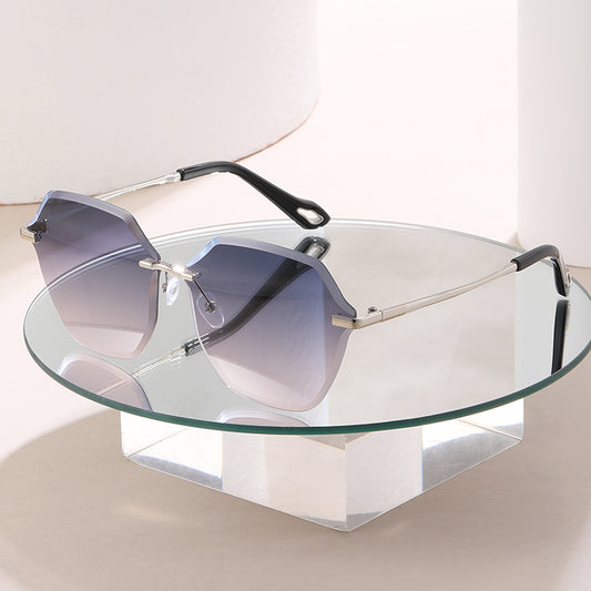 Internet Celebrity Explosion Polygonal Frameless Trimmed Sunglasses Women, Fashion Trend Large Frame Retro UV Protection Sunglasses