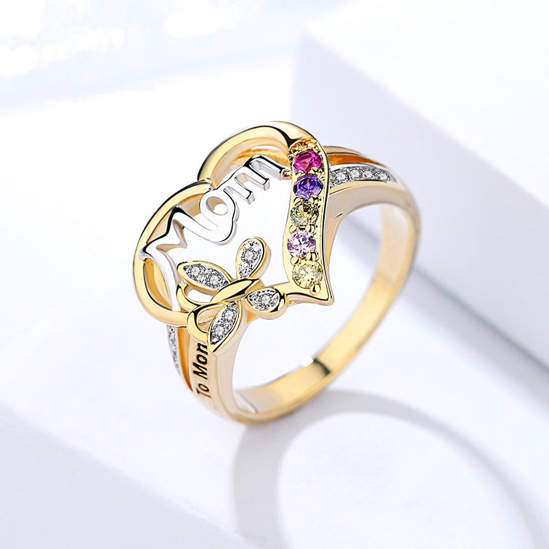Popular Mother's Day Mom Letter Diamond Ring, Fashion Temperament Butterfly Diamond Ring, Wholesale