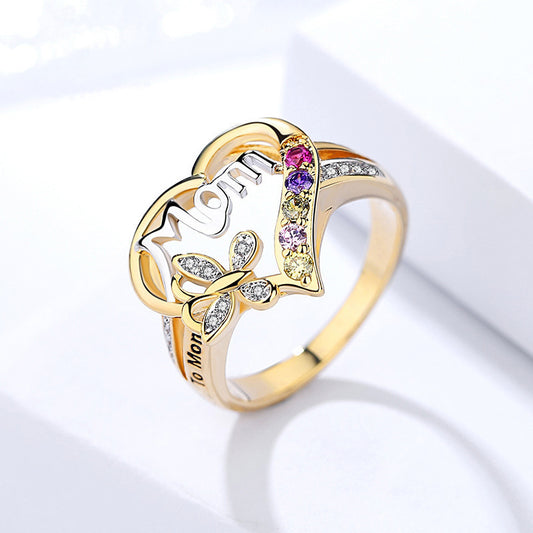 Popular Mother's Day Mom Letter Diamond Ring, Fashion Temperament Butterfly Diamond Ring, Wholesale