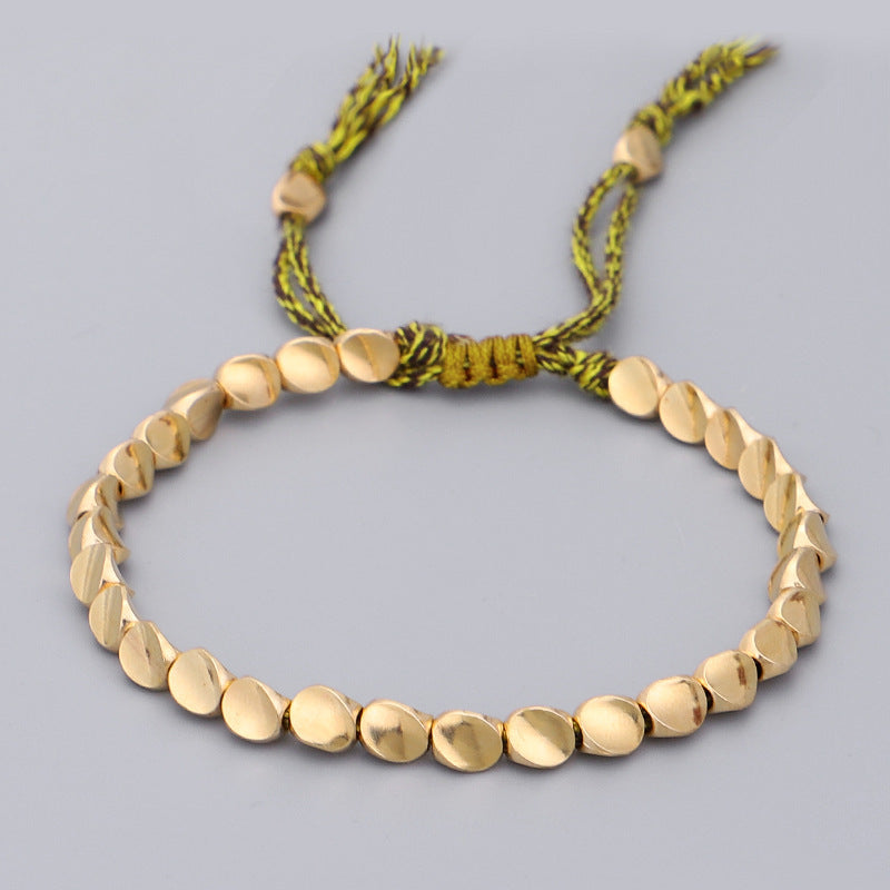 Hand Rope Winding Woven Bracelet Women's Fashion High-end Gift Can Be Pulled Special-shaped Copper Bead Fringed Woven Bracelet