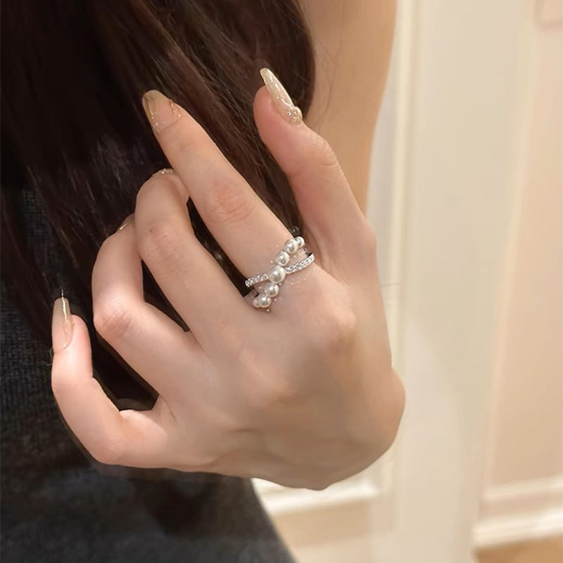 French Pearl Zircon Cross Design Ring, New High-end Fashion Versatile Ring, Open Light Luxury Wholesale