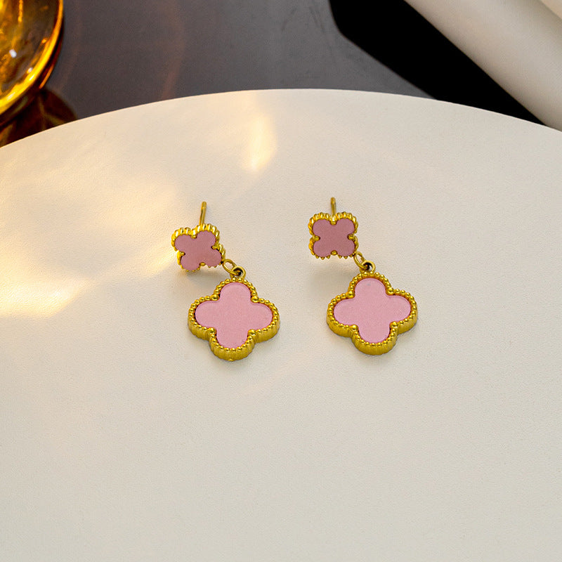 Lucky four-leaf flower fringed stud earrings Internet celebrity explosion versatile earrings exquisite Fan family temperament high-end earrings