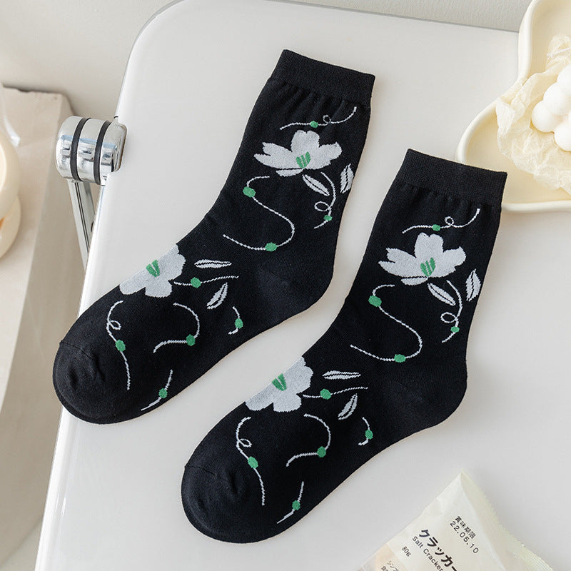Socks Women's Pure Cotton Spring and Autumn Tube Three-dimensional Flower Cotton Socks Small Flower Japanese Trend Internet Celebrity Casual Women's Socks Wholesale