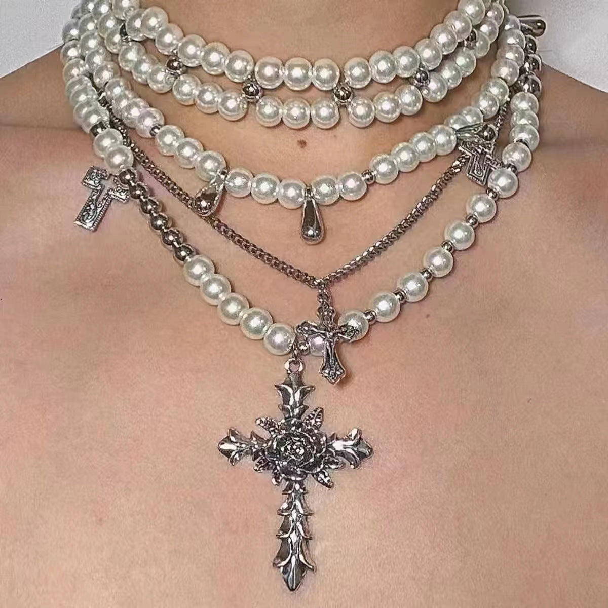 Vintage Baroque Temperament Chocker Collarbone Chain Niche Fashion Cross Pearl Stacked Multi-layer Necklace