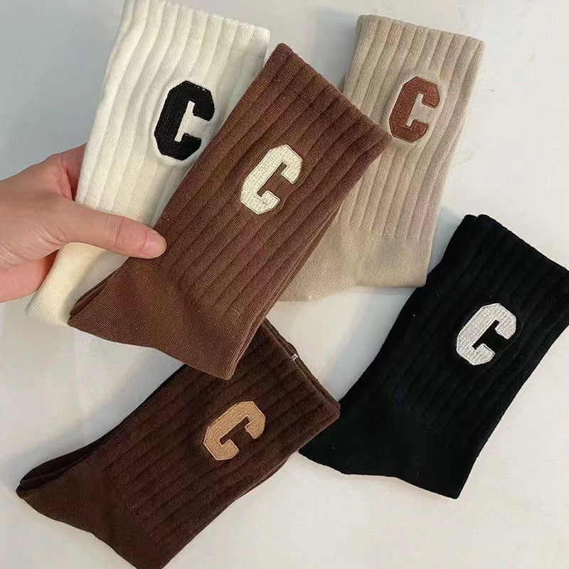 Korean Version of Socks Women's Medium Tube Vertical Pattern Thin Ins Versatile High Value Mori School Letters Spring and Autumn Trendy Socks Women