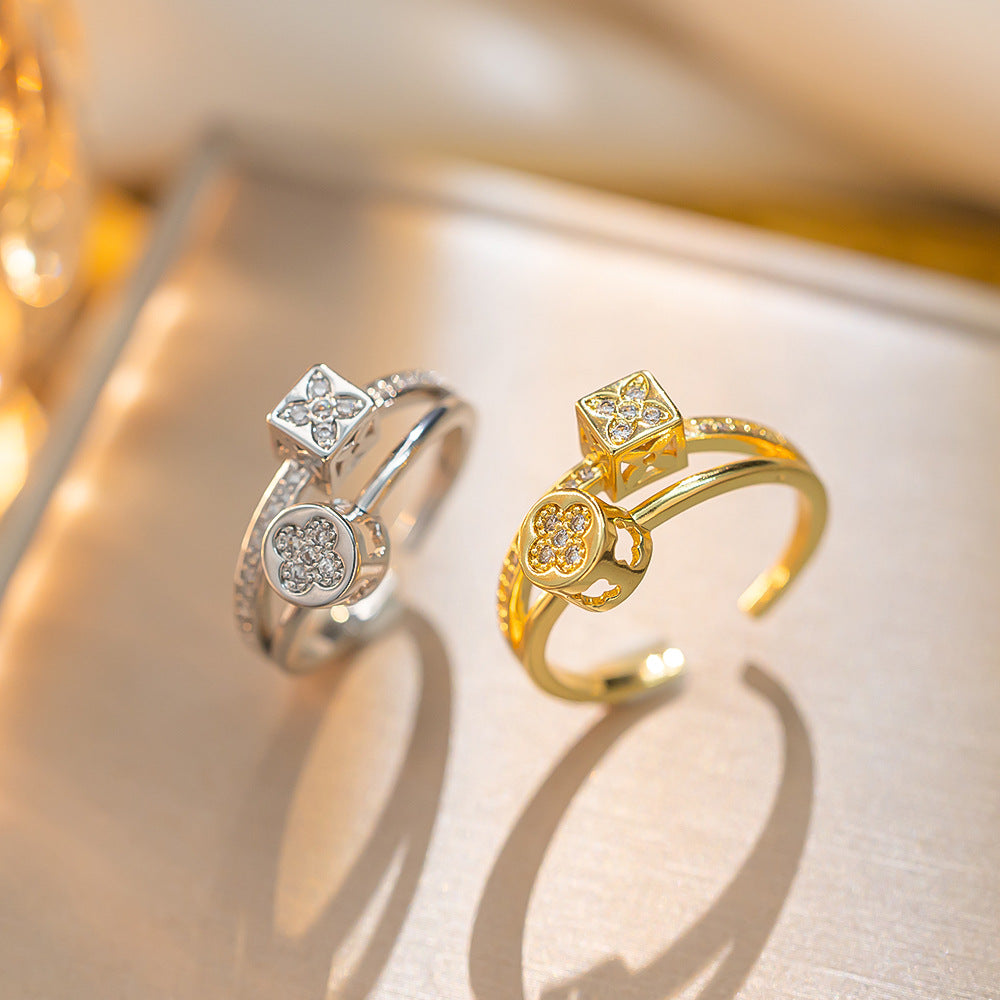 South Korea Dongdaemun Double-layer Micro-inlaid Zircon Ring Simple Female Fashion Personality Cold Wind Open Ring Female