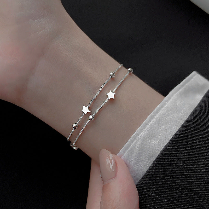 Round Bead Star Bracelet S925 Sterling Silver Double-layer Star Bracelet Girls Light Luxury Niche Double-layer Bracelet Jewelry
