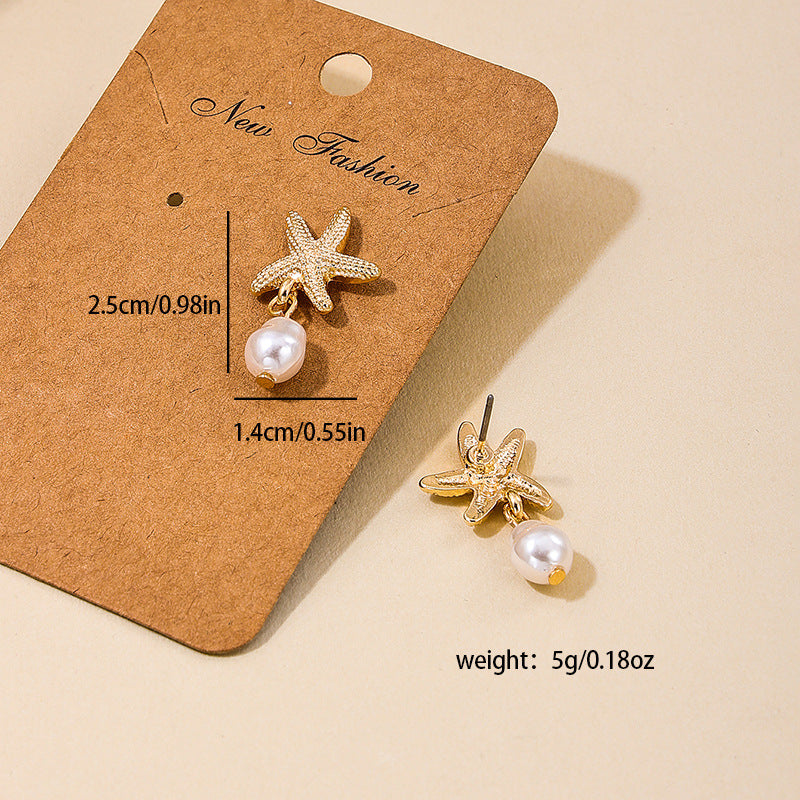 1 Pair of European and American Summer New Temperament Metal Starfish Pearl Fringed Women's Earrings Earrings Holiday Style