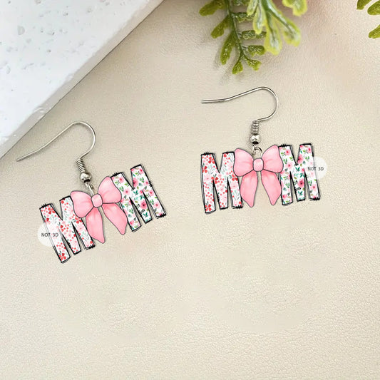 Original Design MOM Letter Bow 2D Acrylic Earrings Cute Fit for Mother's Day Gift