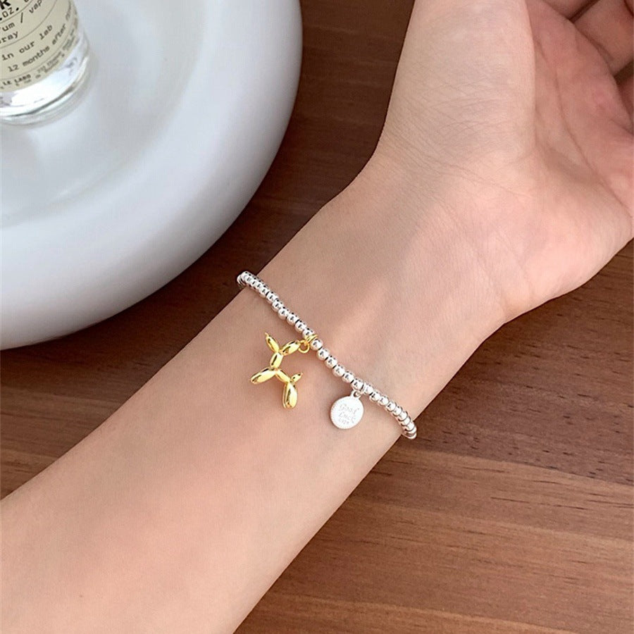 Korean Version of Cute Balloon Dog S925 Sterling Silver Bracelet Women's Gold and Silver Contrasting Color Lucky Round Brand Elastic Bracelet Bracelet Bracelet Jewelry