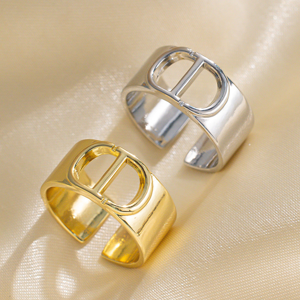 Wide Titanium Steel Ring C-shaped Opening Size Adjustable Letters Simple Fashion Light Luxury High Sense Design Europe and America